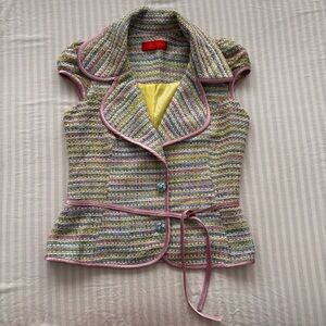 Ingwa Melero Pastel Colored Tweed Vest w Silk Belted Waist & Blue Accent Buttons